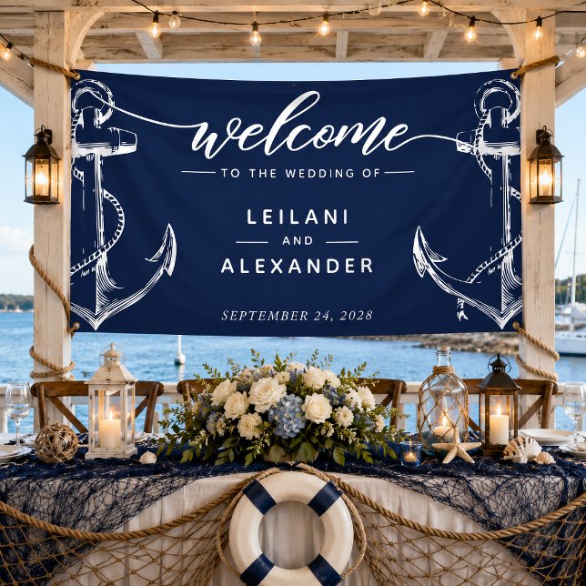 Welcome Nautical Anchor Wedding Banner (Nautical anchor White welcome wedding banner)