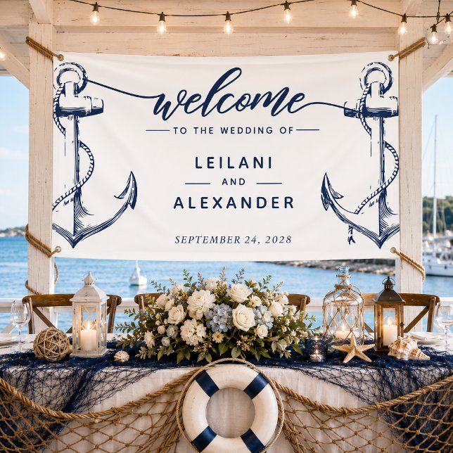 Welcome Nautical Anchor Wedding White Banner (Nautical welcome wedding banner perfect for the ocean lover bride and groom. )