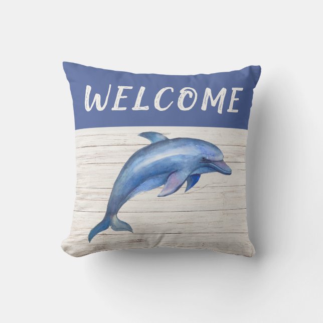 Welcome Nautical Blue Whale Rope Outdoor Pillow (Front)