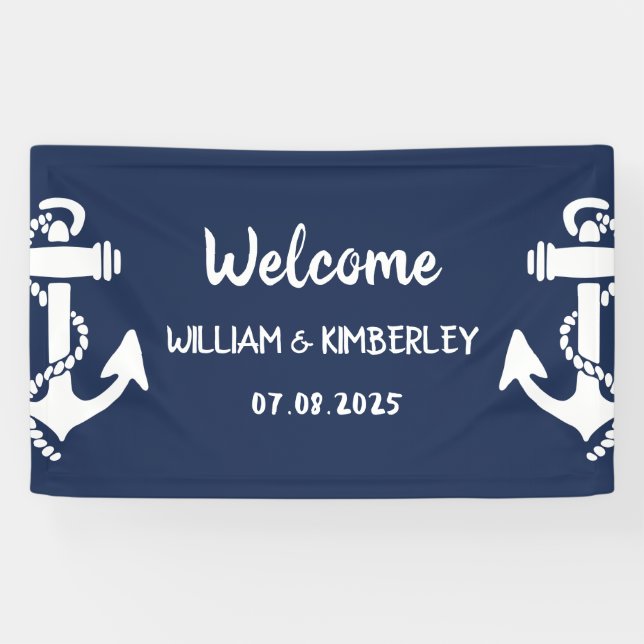 Welcome Nautical Navy Blue Anchor Wedding Banner (Horizontal)