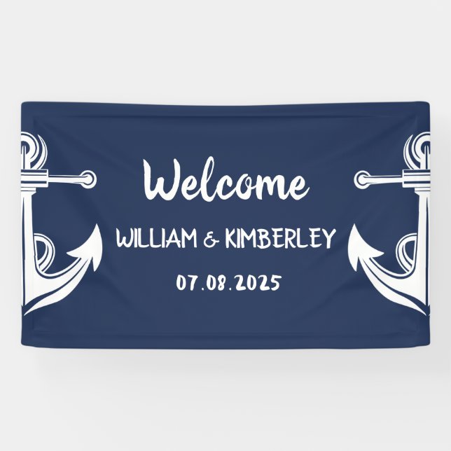 Welcome Nautical Navy Blue Anchor Wedding Banner (Horizontal)