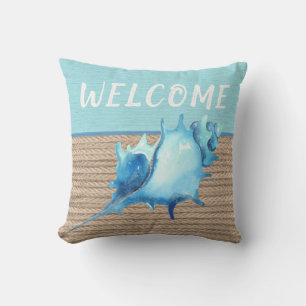 Welcome Nautical Shell Blue Crab Watercolor Rope Cushion