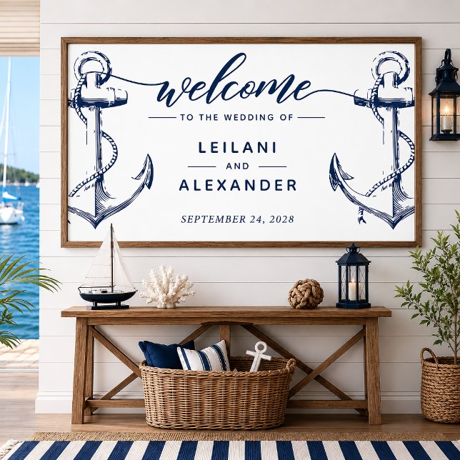 Welcome Nautical Wedding Anchor White Poster (Welcome your guests with this nautical anchor design. This can be used as a backdrop for photo ops.)