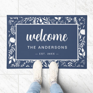 Welcome Navy Blue Floral Personalised  Doormat