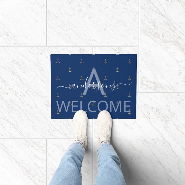 Welcome navy blue gold anchor nautical monogram doormat (Indoor)
