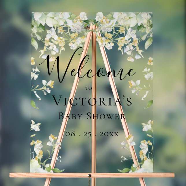 Welcome Neutral Floral Elegant Baby Shower Acrylic Sign (Neutral)