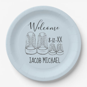 WELCOME New Arrival Baby Shoes Shower Boy Blue Paper Plate
