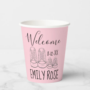 WELCOME New Arrival Baby Shoes Shower Pink Girl Paper Cups