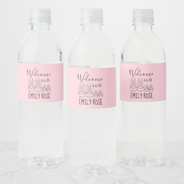 WELCOME New Arrival Baby Shoes Shower Pink Water Bottle Label (Bottles)