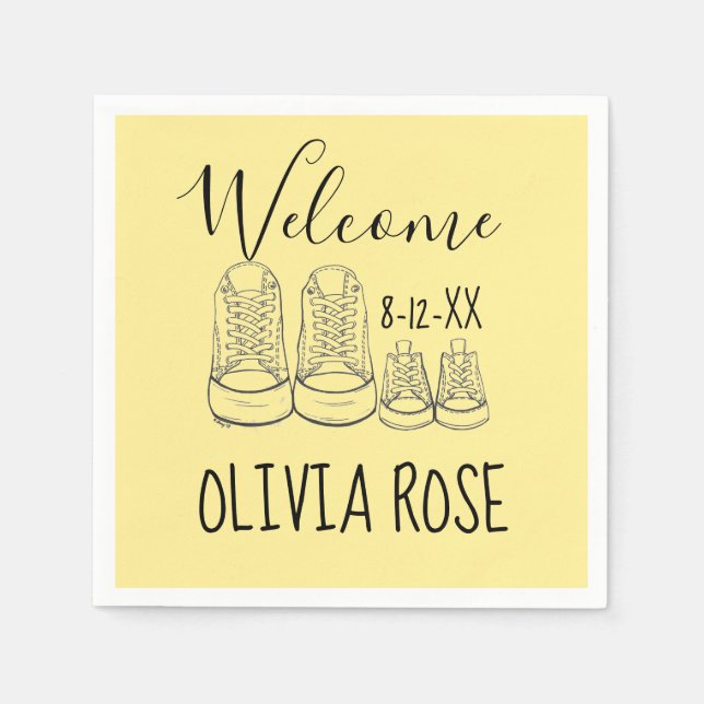 WELCOME New Arrival Baby Shoes Shower Yellow Napkin (Front)