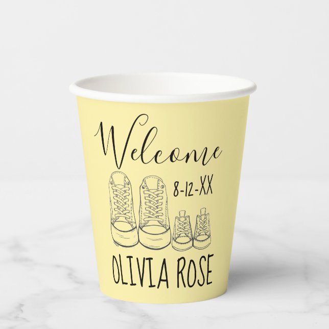 WELCOME New Arrival Baby Shoes Shower Yellow Paper Cups (Front)