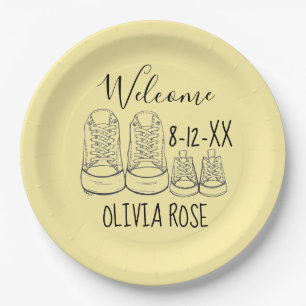 WELCOME New Arrival Baby Shoes Shower Yellow Paper Plate