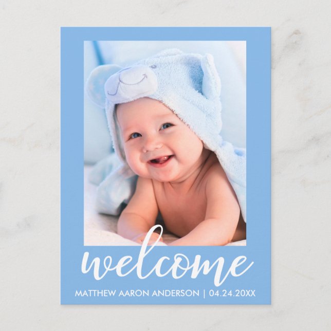 Welcome New Baby Announcement Blue Postcard (Front)