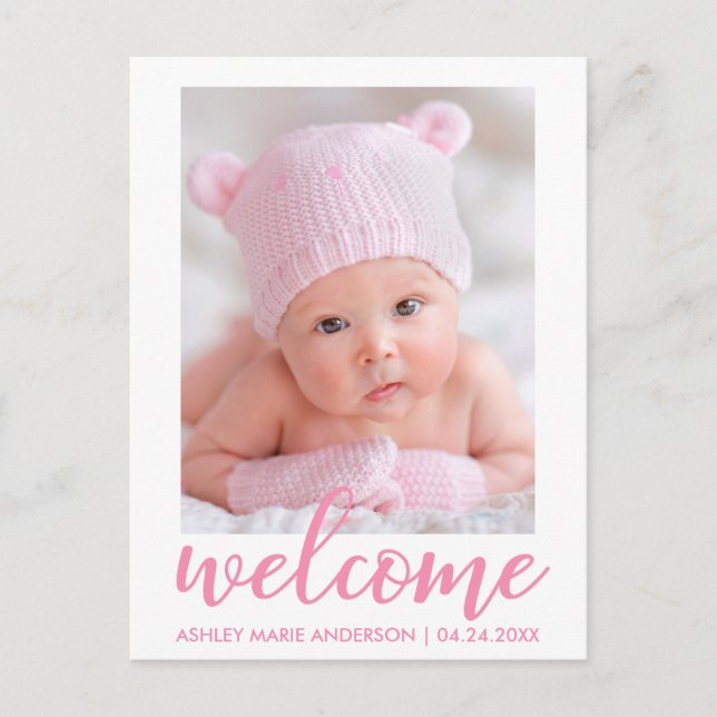 Welcome New Baby Announcement Pink Script (Front)