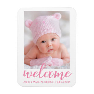 Welcome New Baby Announcement Pink Script Magnet