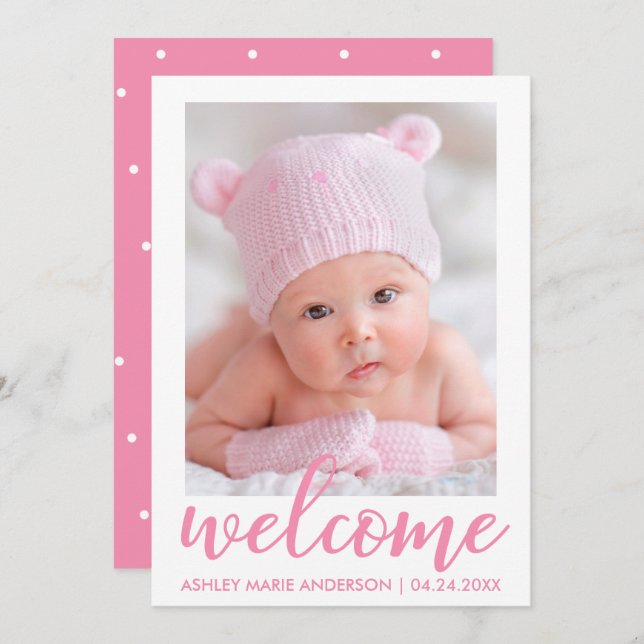 Welcome New Baby Announcement Script Pink Dots (Front/Back)