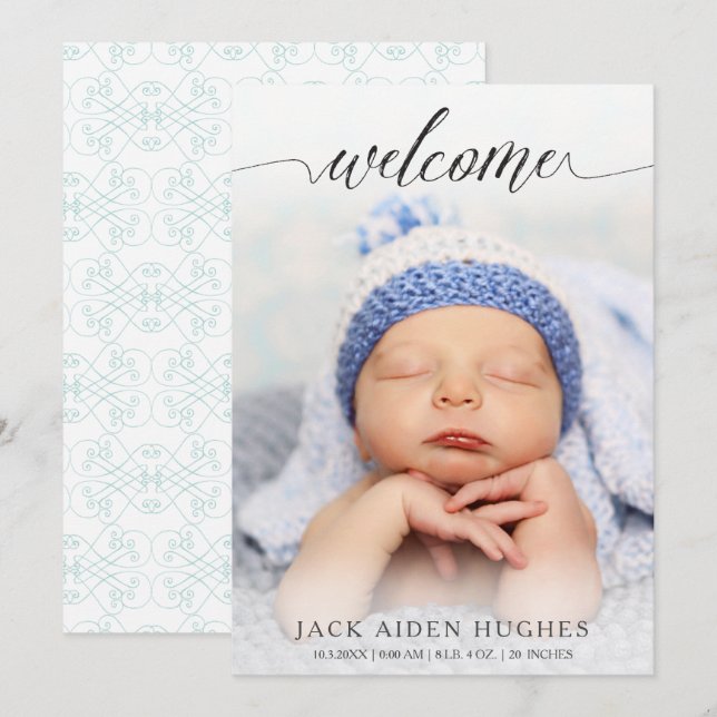 Welcome New Baby Birth Announcement Photo Cards (Front/Back)