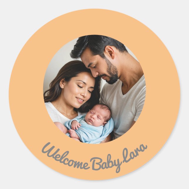 welcome new baby girl or boy peach, welcome baby classic round sticker (Front)