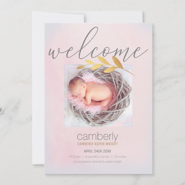 Welcome New Baby Girl Photo Birth Announcement (Front)