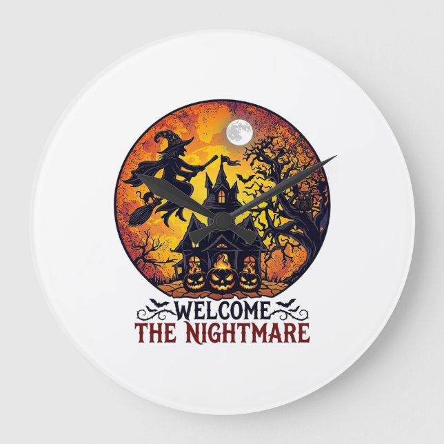 Welcome Nightmare Halloween Haunted House Flying W Large Clock (Front)