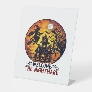 Welcome Nightmare Halloween Haunted House Flying W Pedestal Sign