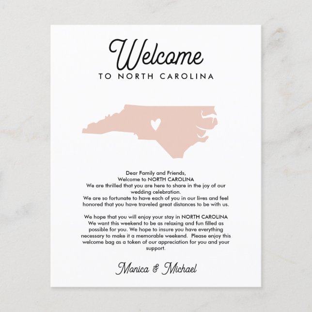 Welcome NORTH CAROLINA Letter Itinerary ANY COLOR (Front)