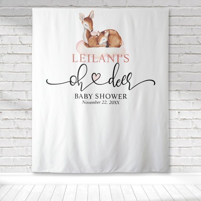 Welcome Oh Deer Baby Shower Pink Cloud Backdrop Tapestry (Baby shower deer and fawn pink cloud watercolor simple modern backdrop for photo ops.)