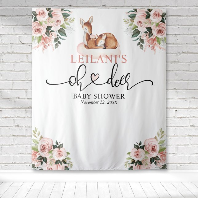 Welcome Oh Deer Baby Shower Pink Floral Backdrop Tapestry (Oh deer baby shower with a deer and fawn on a pink cloud with pink floral clusters in the corners.)