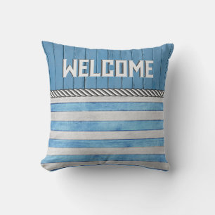 Welcome on Blue Wood and Stripes Cushion