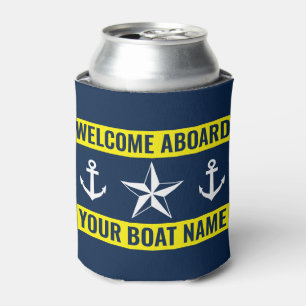 Welcome on board custom boat name nautical yellow can cooler