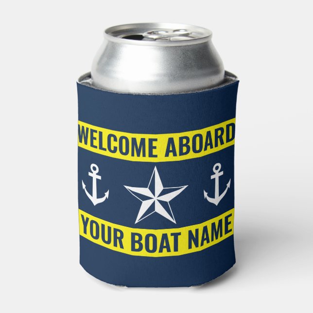Welcome on board custom boat name nautical yellow can cooler (Can Front)