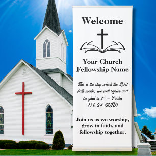 WELCOME, Open Bible Cross Logo B&W Church Retractable Banner