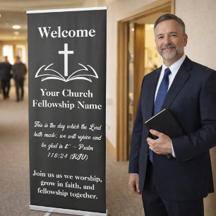 WELCOME, Open Bible Cross Logo black white Church Retractable Banner