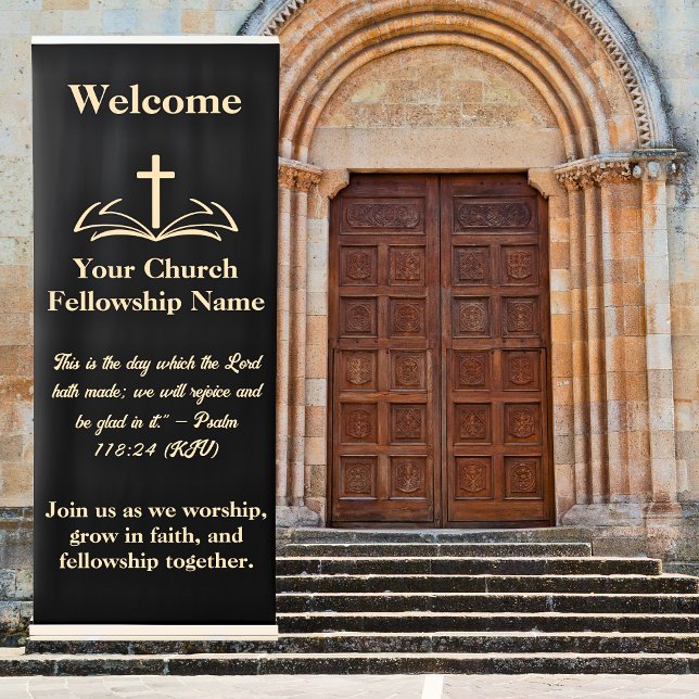 WELCOME, Open Bible Cross Logo Church  Retractable Banner (WELCOME, Open Bible Cross Logo Church Retractable Banner)