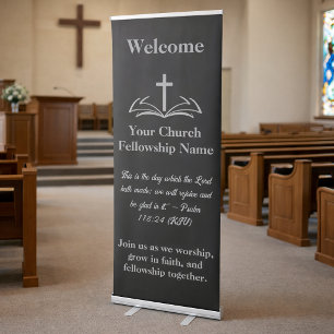 WELCOME, Open Bible Cross Logo Silver Church Retractable Banner