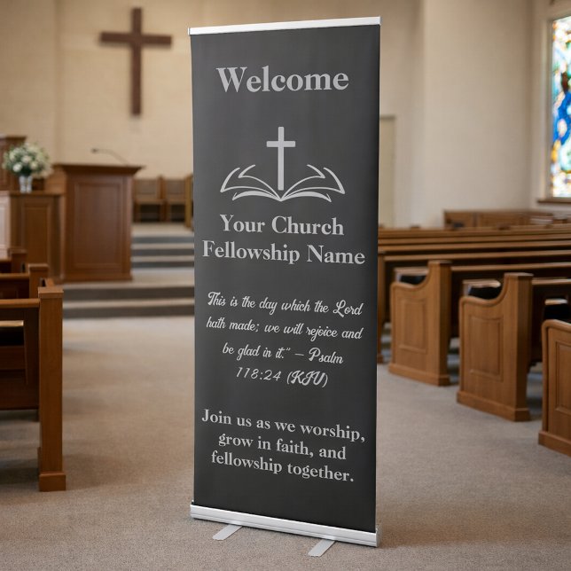 WELCOME, Open Bible Cross Logo Silver Church  Retractable Banner (Creator Uploaded)