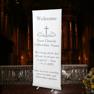WELCOME, Open Bible Cross Logo White Church Retractable Banner