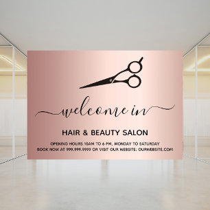 Welcome open hair beauty salon rose gold window cling