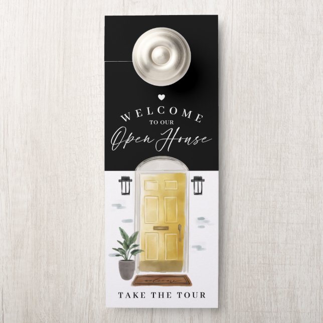Welcome Open House Yellow Watercolor Front Door Hanger (On Knob)