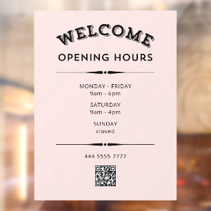 Welcome Opening Hours with QR Code Black on Pink Window Cling