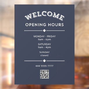 Welcome Opening Hours with QR Code White on Grey Window Cling