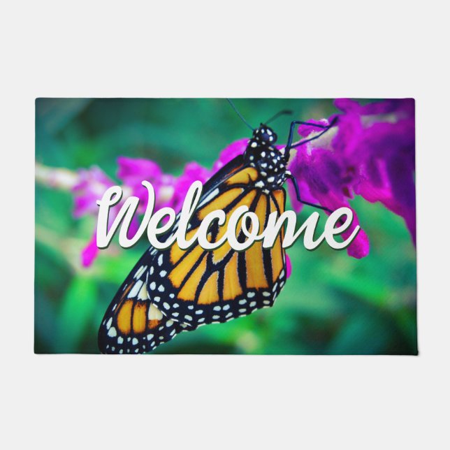 Welcome Orange Monarch Butterfly Photo Colourful Doormat (Front)
