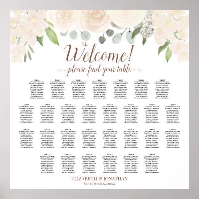Welcome! Pale Peach Roses 29 Table Seating Chart (Front)