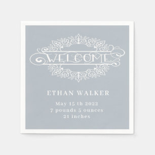 welcome party baby boy blue monogram napkin