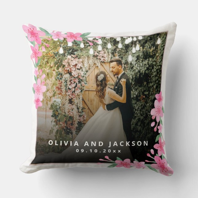 Welcome Party Pink Floral Golden Frame wedding Cushion (Front)