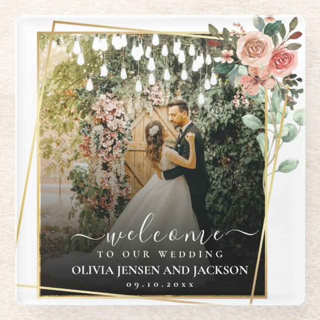 Welcome Party Pink Floral Golden Frame wedding Glass Coaster (Front)