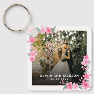 Welcome Party Pink Floral Golden Frame wedding Key Ring