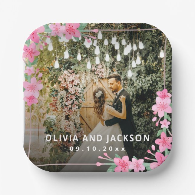 Welcome Party Pink Floral Golden Frame wedding Paper Plate (Front)