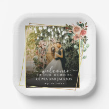 Welcome Party Pink Floral Golden Frame wedding