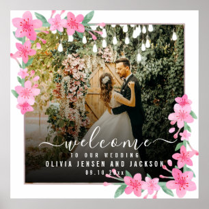 Welcome Party Pink Floral Golden Frame wedding Poster